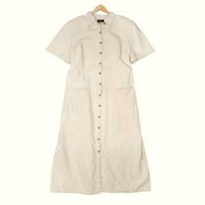 Vintage 90s Linen Cream Button Down Maxi Dress Short Sleeve Patchwork Pockets 20